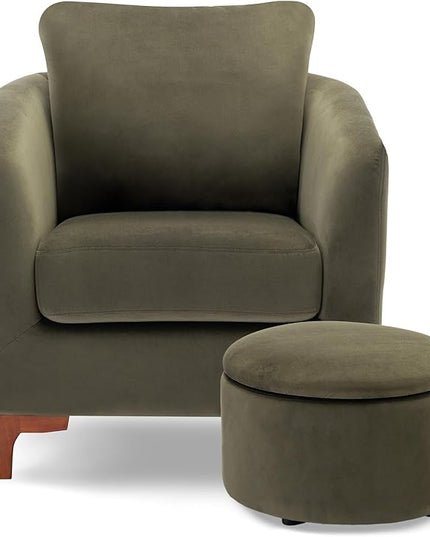 COLAMY Velvet Accent Chair with Storage Ottoman Set of 2, Upholstered Barrel Arm Chair with Footrest, Modern Living Room Chair with Back Pillow, Olive - LeafyLoom