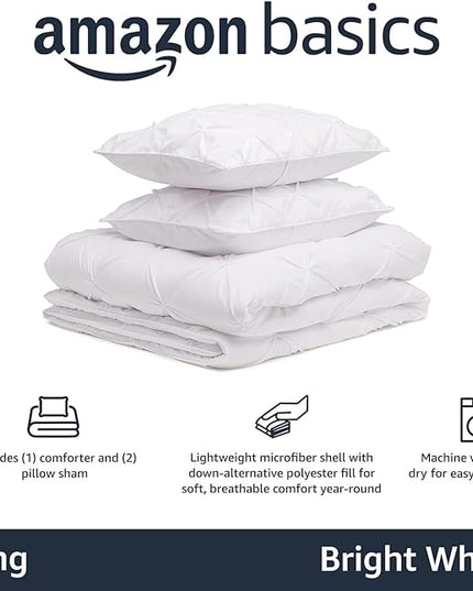 Amazon Basics All-Season Down-Alternative Comforter 3 Piece Bedding Set, King, Bright White, Pinch Pleat With Piped Edges - LeafyLoom