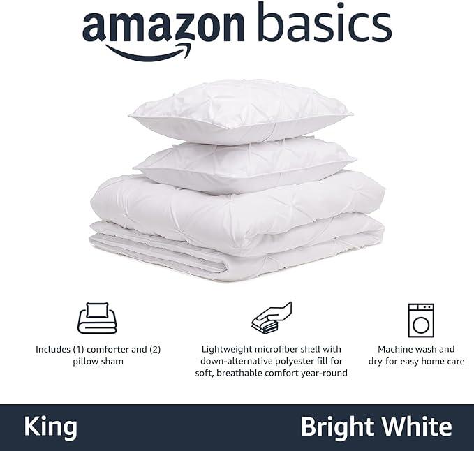 Amazon Basics All-Season Down-Alternative Comforter 3 Piece Bedding Set, King, Bright White, Pinch Pleat With Piped Edges - LeafyLoom