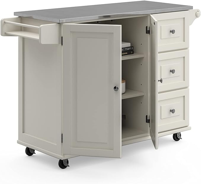 Homestyles Kitchen Cart with Stainless Steel Metal Top Rolling Mobile Kitchen Island with Storage and Towel Rack 54 Inch Width Off White - LeafyLoom