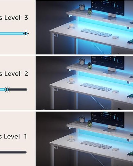 AODK Gaming Desk with LED Lights & Power Outlet, 40 Inch Computer Desk with Drawer, Reversible Desk with Adjustable Monitor Shelf & Headphone Hook for Home Office, White - LeafyLoom