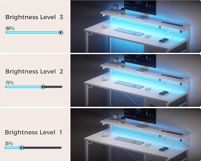AODK Gaming Desk with LED Lights & Power Outlet, 40 Inch Computer Desk with Drawer, Reversible Desk with Adjustable Monitor Shelf & Headphone Hook for Home Office, White - LeafyLoom