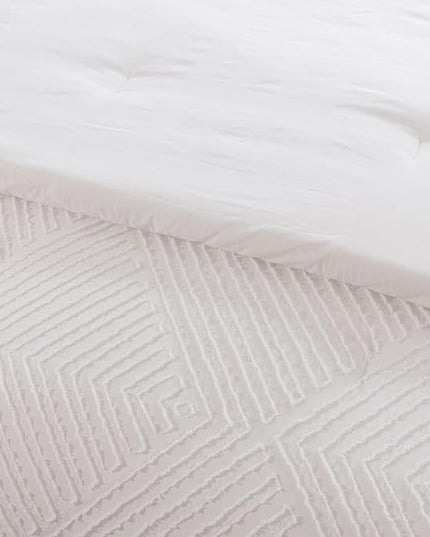 Queen Comforter Set, White Boho Bedding Comforter Sets Extra Fluffy, Tufted Design Bed Comforter 3 Pieces (1 Comforter, 2 Pillowcases) - LeafyLoom