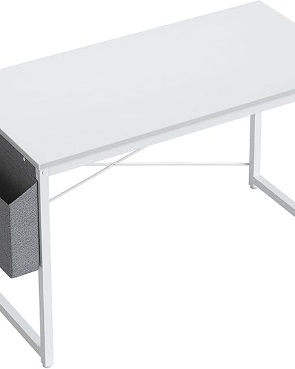 Cubiker Computer Desk 40 inch Home Office Writing Study Desk, Modern Simple Style Laptop Table with Storage Bag, White Metal Frame, White - LeafyLoom