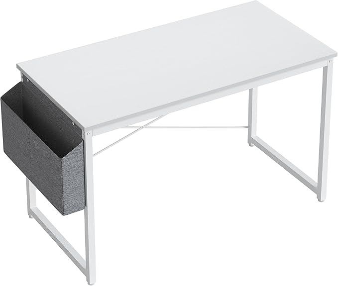 Cubiker Computer Desk 40 inch Home Office Writing Study Desk, Modern Simple Style Laptop Table with Storage Bag, White Metal Frame, White - LeafyLoom
