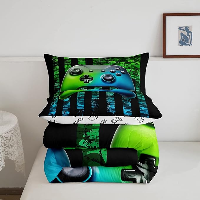 Gamer Bedding Sets for Boys American Flag Comforter Set Twin Size Gaming Comforter Military Camo Retro Down Comforter Kids Game Room Decor Teens Adult Green Blue Gamepad Duvet Set,Black,Warm Soft - LeafyLoom