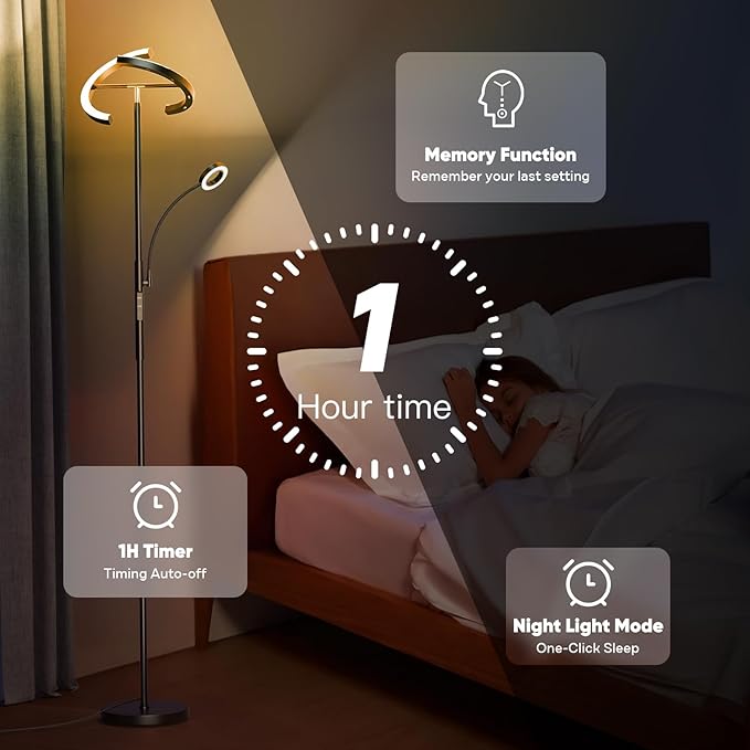 Upgraded RGBCW Floor Lamp with Ring Reading Lamp, Rotatable Remote Control LED Standing Lamp Dimmable Floor Light Modern Standing Light for Living Room Bedroom Home Office, 32W, Black - LeafyLoom