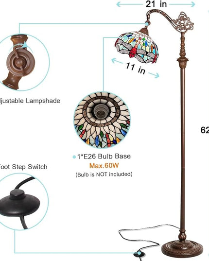 Capulina Tiffany Floor Lamp Fine Sky Dragonfly Style Stained Glass Arched Gooseneck Adjustable Angle Floor Lamp for Living Room Bedroom Home Office - LeafyLoom