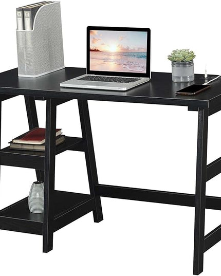 Convenience Concepts Designs2Go Trestle Desk with Charging Station and Shelves, Black - LeafyLoom