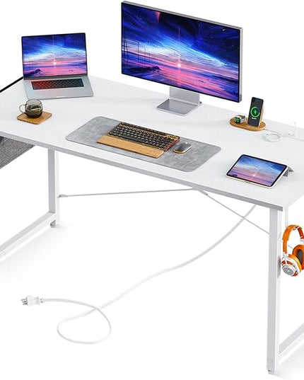 AODK 48 inch Small Computer Desk with Power Outlet for Small Spaces Home Office Student Laptop PC Writing Desks with Storage Bag Headphone Hook, White - LeafyLoom