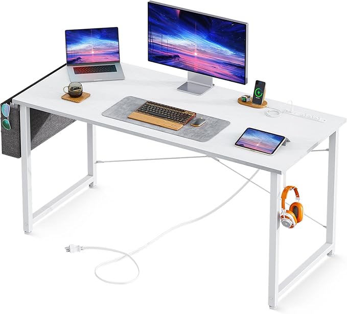 AODK 48 inch Small Computer Desk with Power Outlet for Small Spaces Home Office Student Laptop PC Writing Desks with Storage Bag Headphone Hook, White - LeafyLoom