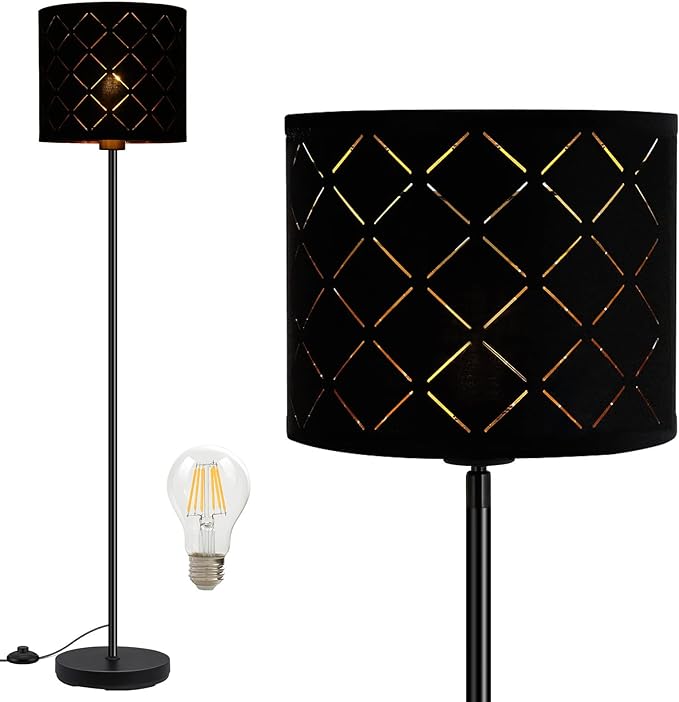 BoostArea Industrial Floor Lamp, Standing Lamp, 6W LED Floor Lamps with Black Lampshade, 2700K, Foot Switch, E26 Socket, 58" Tall Metal Pole Lamp, Simple Floor Lamps for Living Room/Bedroom/Farmhouse - LeafyLoom