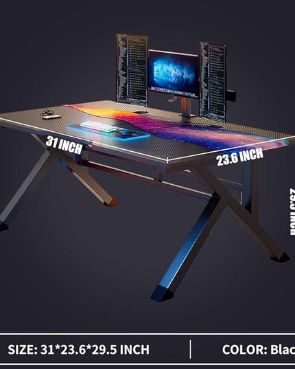 31 Inch Gaming Computer Desk - Sturdy Small Home Office Desk with Ergonomic Design - Easy Assembly - PC Laptop Desk with Black Carbon Fiber Desktop - LeafyLoom