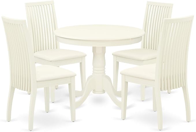 East West Furniture ANIP5-LWH-C 5 Piece Kitchen Set Includes a Round Dining Room Table with Pedestal and 4 Linen Fabric Upholstered Chairs, 36x36 Inch - LeafyLoom
