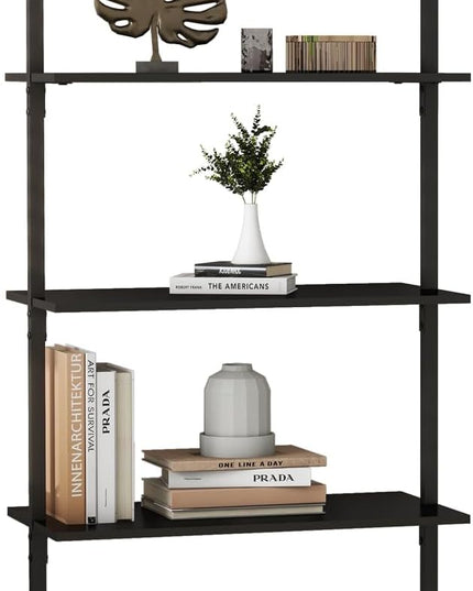 Panana Industrial 5 Tier Ladder Shelf, Open Space Book Shelf Wall Mount Bookshelf with Metal Frame Sturdy Bookcase for Living Room (Black, 5 Tier) - LeafyLoom