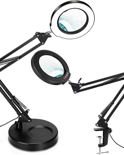 8X Magnifying Glass with Light and Stand, Upgrade Button 5 Color Modes Stepless Dimmable, 2-in-1 LED Lighted Magnifier Light, Hands Free Desk Lamp with Clamp for Craft Hobby Reading Close Work - LeafyLoom