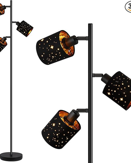 Industrial Floor Lamp, Tree Standing Lamp for Bedroom with Adjustable 3-Lights, 4W E12 LED Bulbs, Modern Stand Up Lamp, Metal Tall Rustic Pole Lamp, Vintage Farmhouse Floor Lamp for Living Room, Black - LeafyLoom