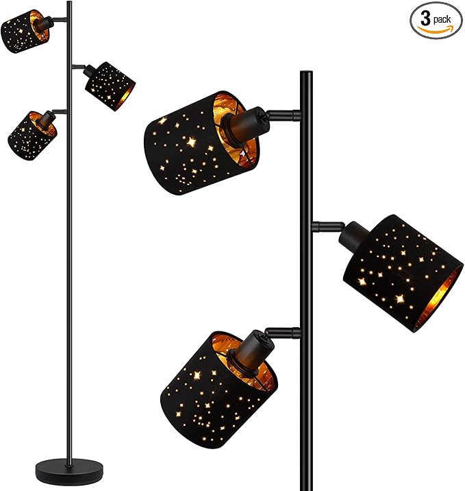 Industrial Floor Lamp, Tree Standing Lamp for Bedroom with Adjustable 3-Lights, 4W E12 LED Bulbs, Modern Stand Up Lamp, Metal Tall Rustic Pole Lamp, Vintage Farmhouse Floor Lamp for Living Room, Black - LeafyLoom