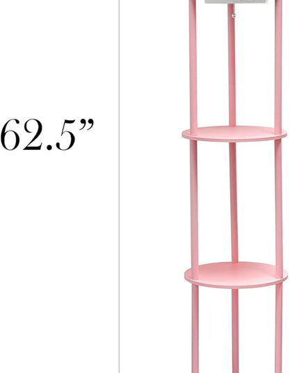 Simple Designs LF2010-LPK 62.5" Round Modern Shelf Etagere Organizer Storage Floor Lamp with 2 USB Charging Ports, 1 Charging Outlet and Linen Shade for Living Room Bedroom Office, Light Pink - LeafyLoom