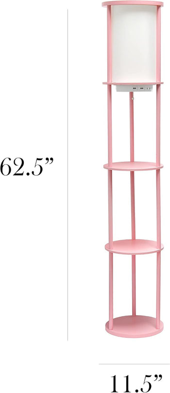 Simple Designs LF2010-LPK 62.5" Round Modern Shelf Etagere Organizer Storage Floor Lamp with 2 USB Charging Ports, 1 Charging Outlet and Linen Shade for Living Room Bedroom Office, Light Pink - LeafyLoom