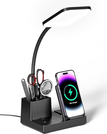 Desk Lamp with Wireless Charger USB Charging Port, Eye-Caring Desk Lamp for Home Office with Pen Holder, Dimmable Table Lamps 3 Color Modes - LeafyLoom
