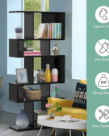 Giantex 5-Tier Geometric Bookshelf Black, 70" Tall Wood Freestanding Decorative Display Open Shelves with Anti-Tipping Device, Each Shelf Holds up to 44 lbs, Wooden S Shaped Bookcase - LeafyLoom