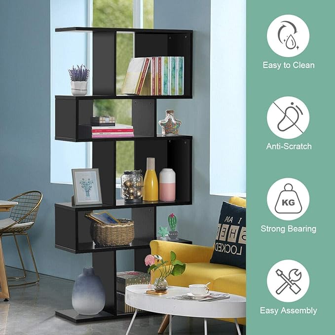 Giantex 5-Tier Geometric Bookshelf Black, 70" Tall Wood Freestanding Decorative Display Open Shelves with Anti-Tipping Device, Each Shelf Holds up to 44 lbs, Wooden S Shaped Bookcase - LeafyLoom
