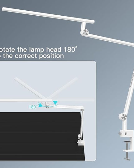 LED Desk Lamp, Desk Light for Home Office, Dual Light Source 18W Brightest, Eye-Caring Optical Lens, Office Lamp, 5 Color Modes & Brightness, Aluminum Alloy Drafting Light, Clamp Lamp, White - LeafyLoom