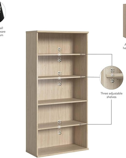 Bush Business Furniture Studio C Tall 5 Shelf Bookcase in Natural Elm, Large Bookshelf for Home or Professional Office - LeafyLoom