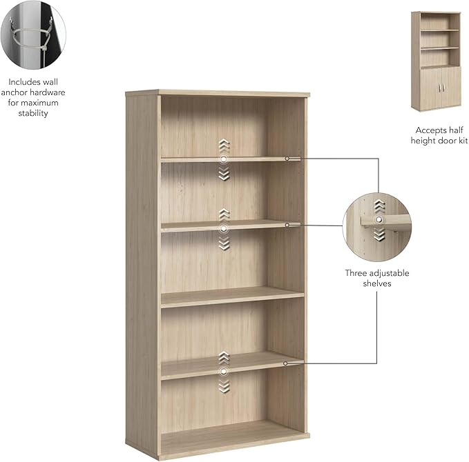 Bush Business Furniture Studio C Tall 5 Shelf Bookcase in Natural Elm, Large Bookshelf for Home or Professional Office - LeafyLoom