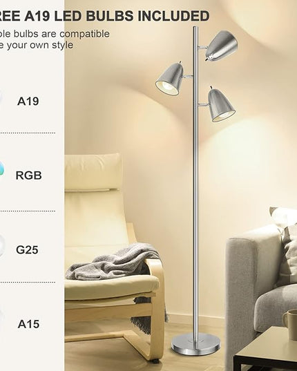 Qimh Tree Floor Lamp with 3 Light Bulbs, Standing Tall Pole Lamps for Living Room Bedroom Office, Reading Stand up Lamps with 3 Adjustable Arms,Brushed Nickel - LeafyLoom