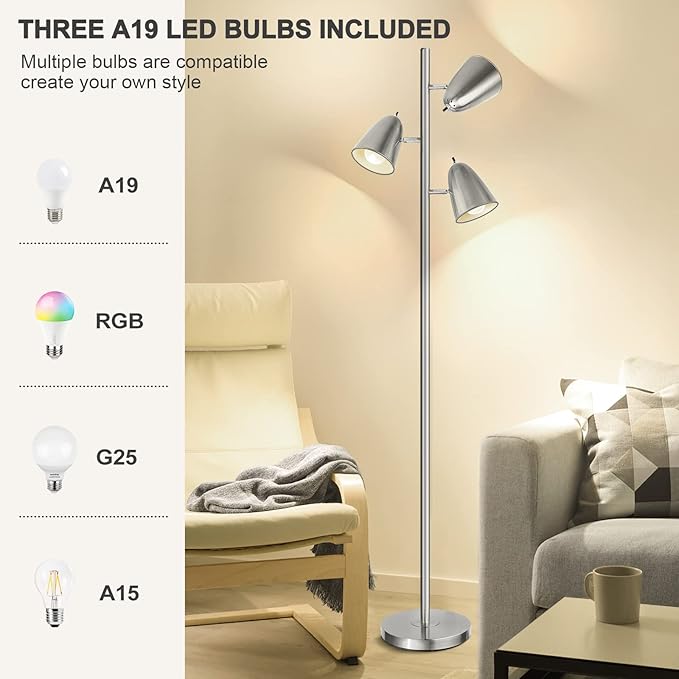 Qimh Tree Floor Lamp with 3 Light Bulbs, Standing Tall Pole Lamps for Living Room Bedroom Office, Reading Stand up Lamps with 3 Adjustable Arms,Brushed Nickel - LeafyLoom