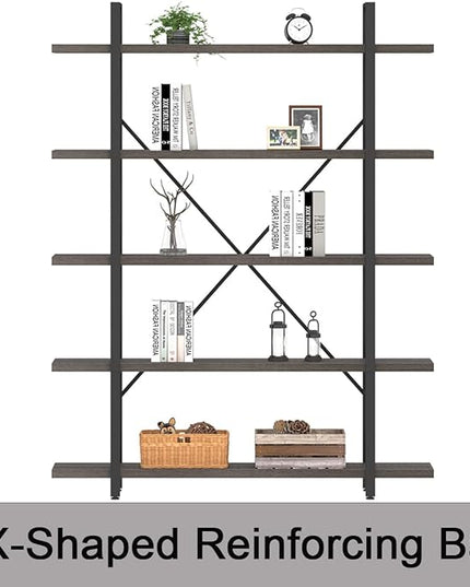 HSH 5 Shelf Bookcases and Book Shelves,Industrial Modern 5 Tier Tall Bookshelf, Rustic Wood and Metal Large Book Shelf for Bedroom Living Room,Vintage Open Wide Vertical Etagere Book Case, Dark Gray - LeafyLoom