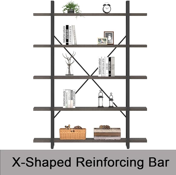 HSH 5 Shelf Bookcases and Book Shelves,Industrial Modern 5 Tier Tall Bookshelf, Rustic Wood and Metal Large Book Shelf for Bedroom Living Room,Vintage Open Wide Vertical Etagere Book Case, Dark Gray - LeafyLoom
