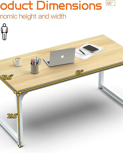 NSdirect 63" Computer Desk,Large Home Office Desk Wide Workstation 1 inch Thicker Tabletop for Writing,Games and Home Work PC Desk Modern Finish Wood Board and Sturdy Steel Legs,Oak+White - LeafyLoom