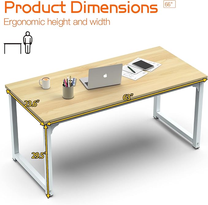 NSdirect 63" Computer Desk,Large Home Office Desk Wide Workstation 1 inch Thicker Tabletop for Writing,Games and Home Work PC Desk Modern Finish Wood Board and Sturdy Steel Legs,Oak+White - LeafyLoom