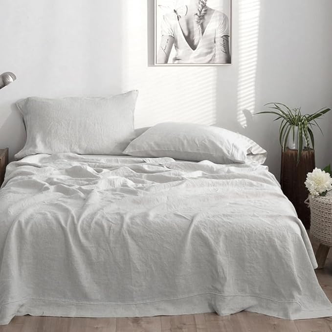 Simple&Opulence 100% Washed Linen Sheet Set-King Size-Natural France Flax Bed Sheet-4 Pcs Breathable,Ultra Soft,Farmhouse Bedding (1 Flat Sheet,1 Fitted Sheet,2 Pillowcases)-Embroidery Grey - LeafyLoom
