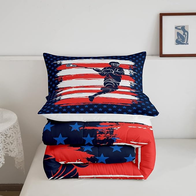 Feelyou Lacrosse Comforter Set Queen Size Boys Gilrs American Flag Sports Theme Bedding Set for Kids Adults Ultra Soft Lacrosse Player Games Comforter Navy Blue Duvet Set Room Decor Quilt Set - LeafyLoom