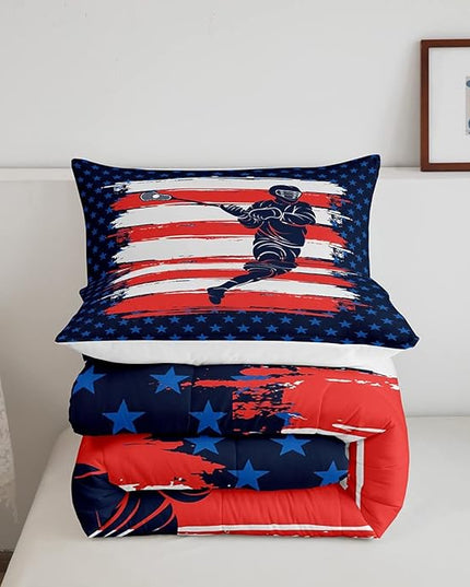 Feelyou Lacrosse Comforter Set King Size Boys Gilrs American Flag Sports Bedding Set for Kids Adults Soft Lacrosse Player Games Comforter Navy Blue Duvet Set Room Decor Quilt Boys - LeafyLoom