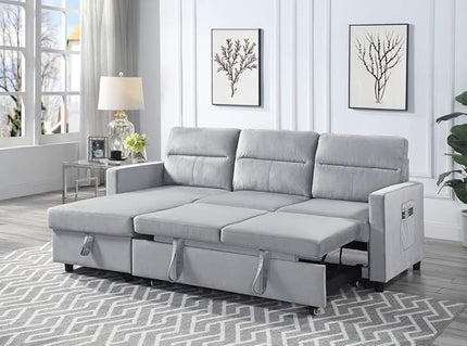 Velvet Reversible Sleeper Sectional Sofa with Storage Chaise and Side Pocket, Pull Out Couch Bed for Living Room, Apartment, Compact Space, Light Gray, 81.5 - LeafyLoom