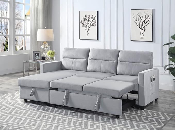 Velvet Reversible Sleeper Sectional Sofa with Storage Chaise and Side Pocket, Pull Out Couch Bed for Living Room, Apartment, Compact Space, Light Gray, 81.5 - LeafyLoom