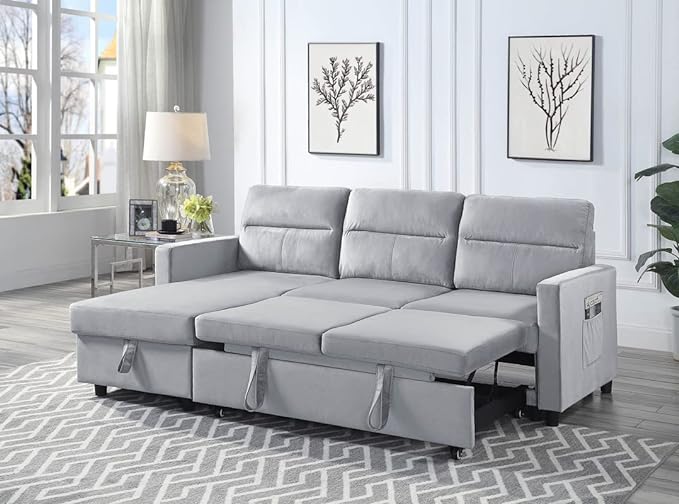 LOVMOR Reversible Velvet Sleeper Sectional Sofa with Storage Chaise and Side Pocket, L-Shape Corner Couch with Arms for Living Room, Home Furniture, Apartment, Dorm, Light Gray, 81.5 Inch - LeafyLoom