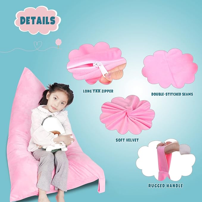 Stuffed Animal Storage Bean Bag Chair Cover, Velvet Pink Plush Toy Storage Stuff and Sit Seat Organizer for Kids/Teens/Adults, 52" x 31" Extra Large Triangle Floor Sofa, 200L/52Gal,Cover Only - LeafyLoom