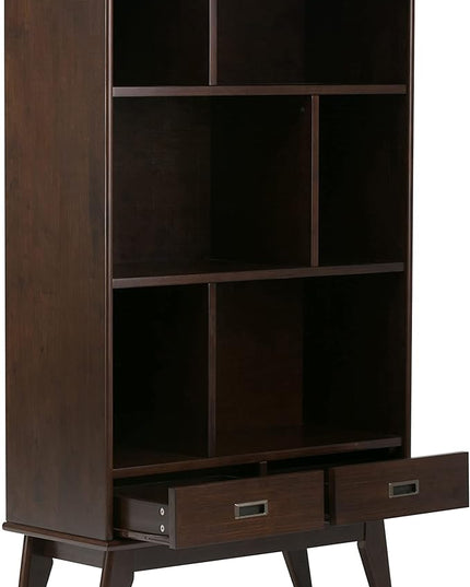 SIMPLIHOME Draper SOLID HARDWOOD 35 Inch Mid Century Modern Wide Bookcase and Storage Unit in Medium Auburn Brown, For the Living Room, Study Room and Office - LeafyLoom
