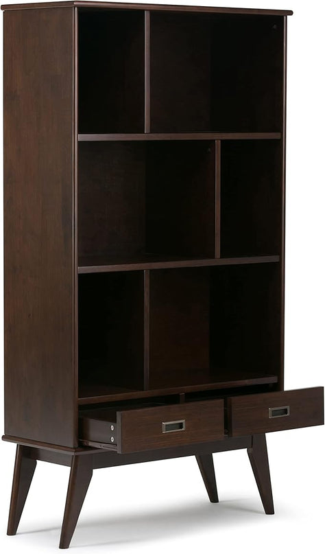 SIMPLIHOME Draper SOLID HARDWOOD 35 Inch Mid Century Modern Wide Bookcase and Storage Unit in Medium Auburn Brown, For the Living Room, Study Room and Office - LeafyLoom