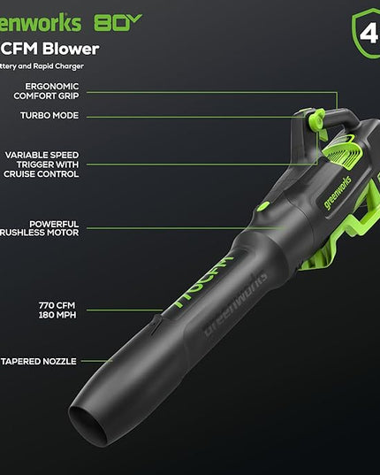 Greenworks 80V 770 CFM Cordless Leaf Blower, 4.0Ah Battery and Rapid Charger - LeafyLoom