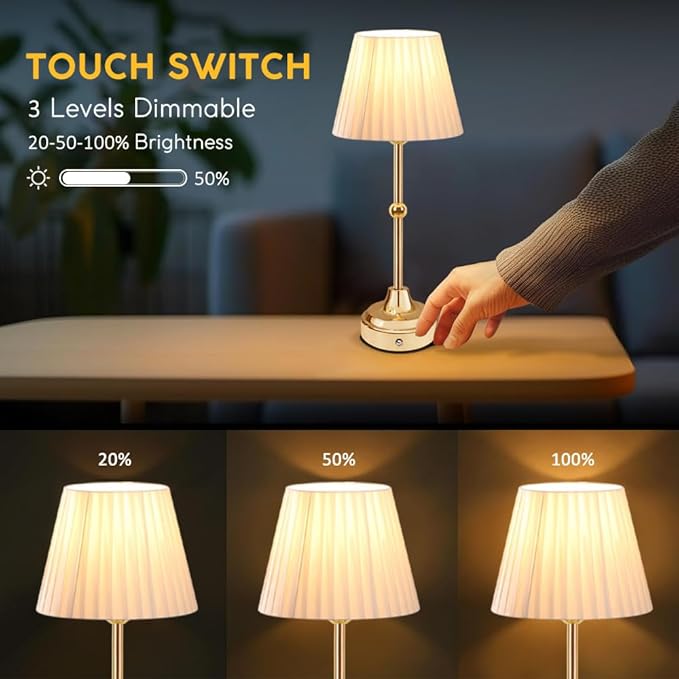 Cordless Metal Table Lamp,Touch Sensor Control Portable LED Table Lamp,3-Levels Brightness Rechargeable Bedside Lamp,Night Light for Kids Nursery,Dining Room Lamp (Gold) - LeafyLoom