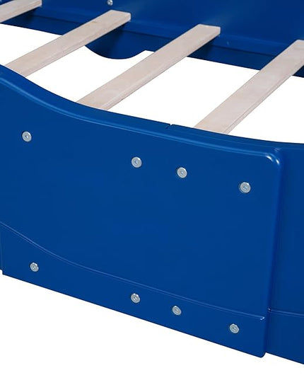 Car Shaped Toddler Bed with Wheels,Racecar Platform Beds W/Safety Guardrail,Slats Support,Stylish Design,Easy Assembly,Wood Twin Bedframe for Boys Toddlers Kids Teens Bedroom,Blue - LeafyLoom