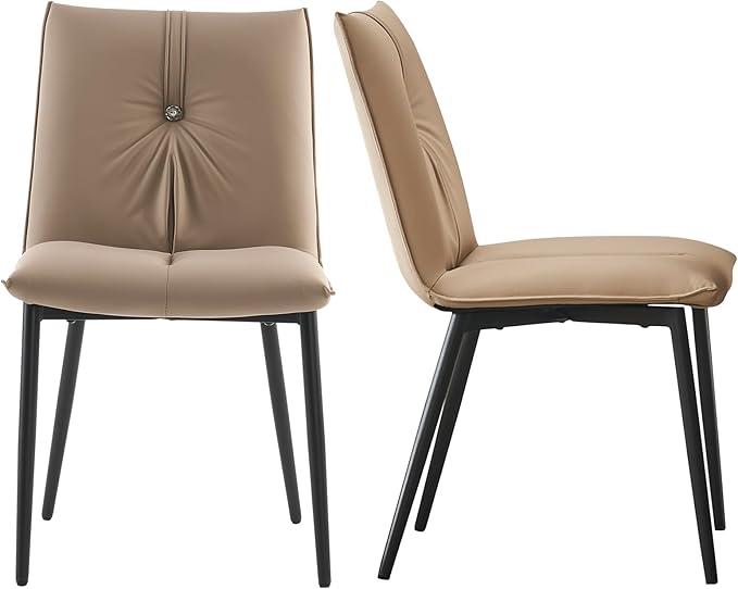 YOUTASTE Dining Chairs Set of 2 Mid Century Modern Upholstered Kitchen Chairs Soft Padded Side Chairs Leather Dinner Chairs with Metal Legs for Living Room Bedroom, Khaki - LeafyLoom