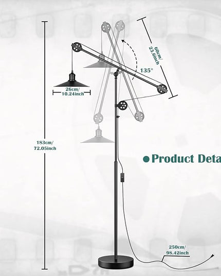 Adjustable Industrial Floor Lamps for Living Room - Rustic Reading Lamp with Pulley System, Modern Farmhouse Indoor Pole Task Lamp, Vintage Tall Standing Lamp for Bedroom Office, Blackened Bronze - LeafyLoom